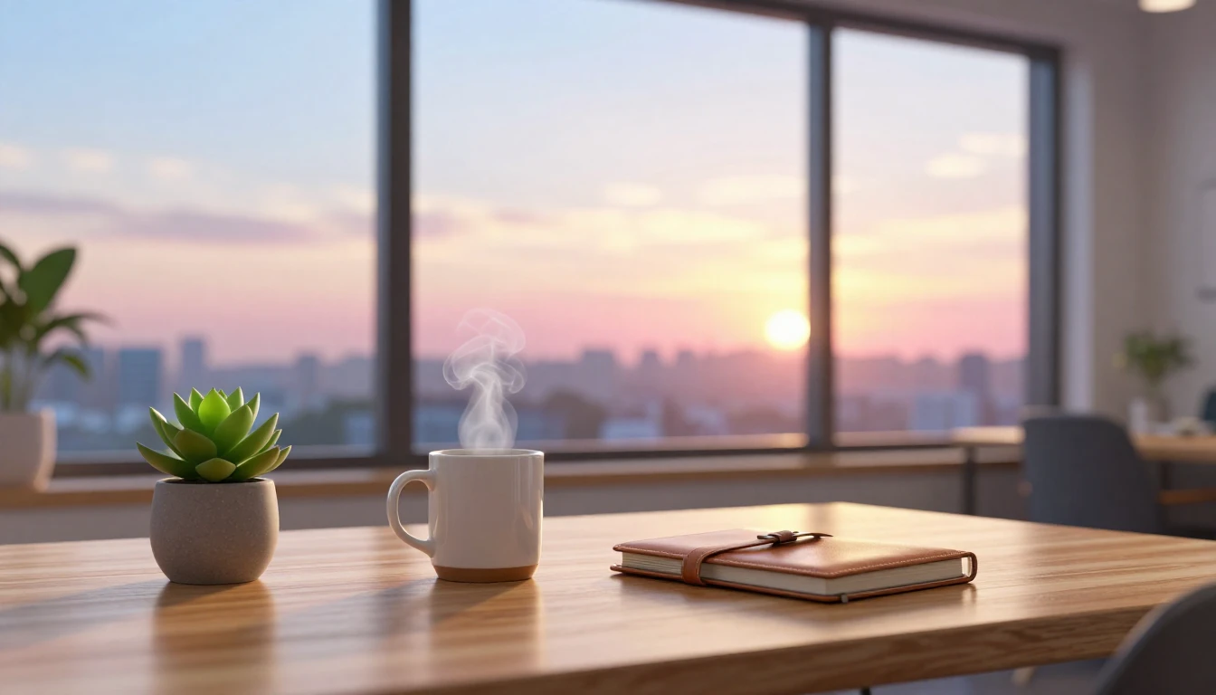 A bright and inviting modern office workspace at dawn. A cle...