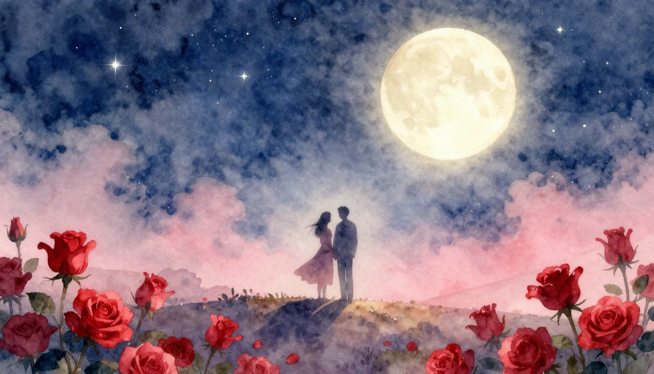 A soft and dreamy watercolor painting featuring two silhouet...