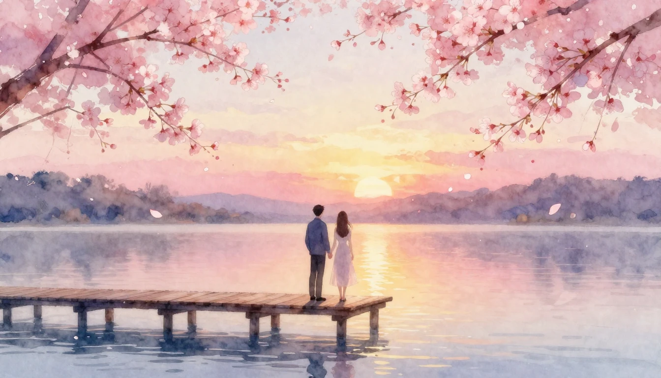 A romantic and ethereal watercolor painting depicting a coup...