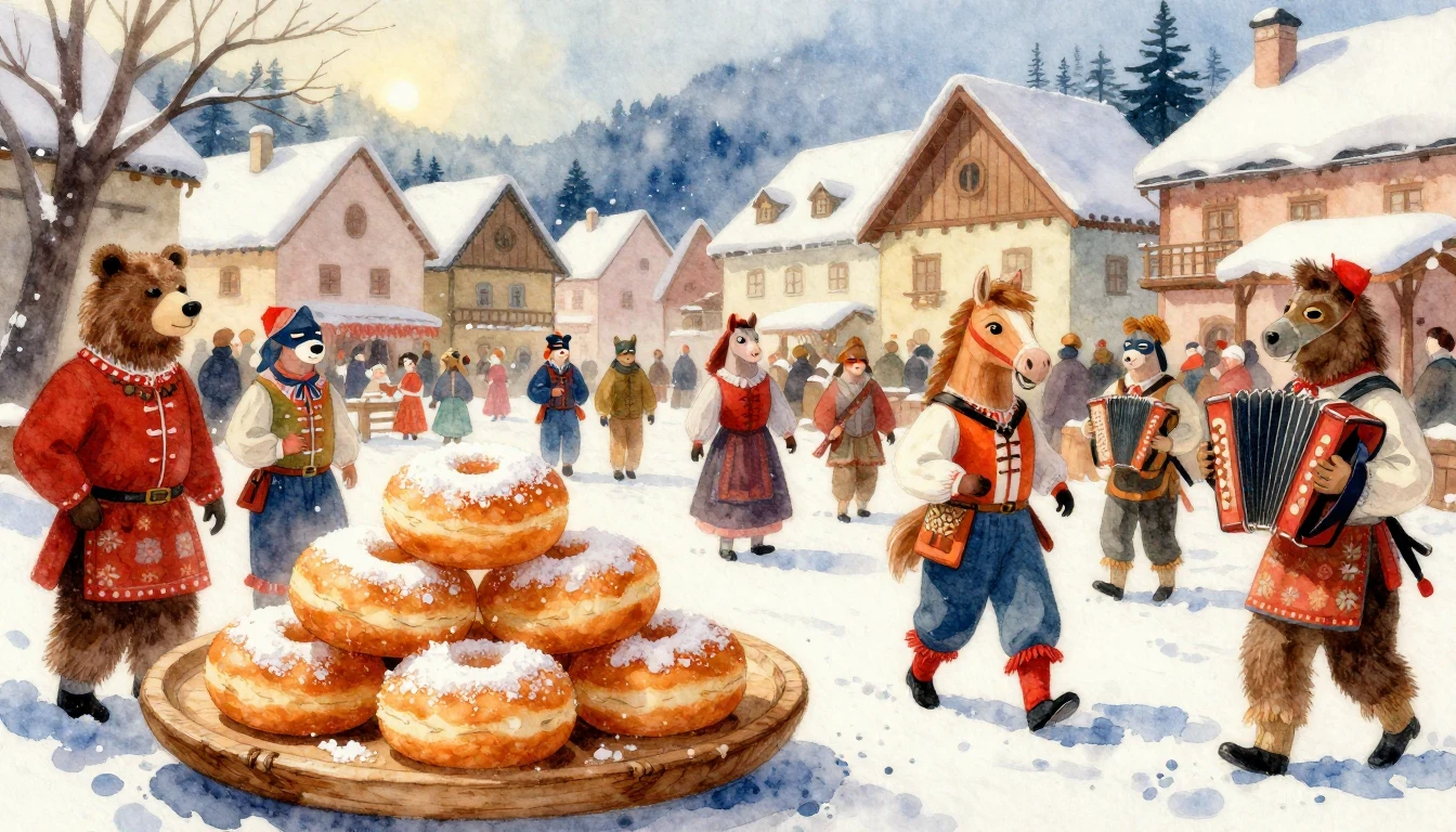 A vibrant watercolor illustration of a traditional Czech Mas...