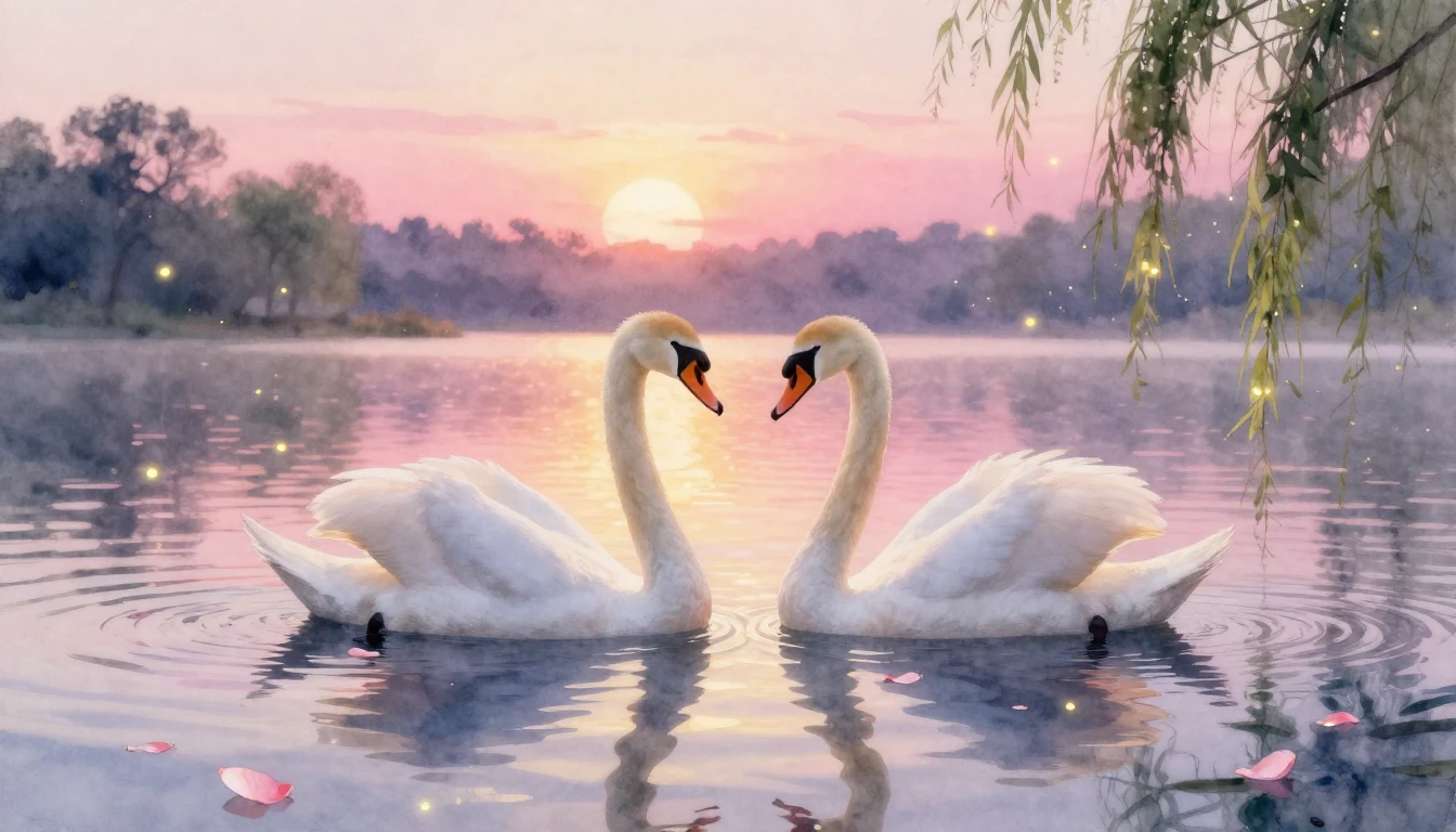 A romantic and dreamy watercolor painting featuring two grac...