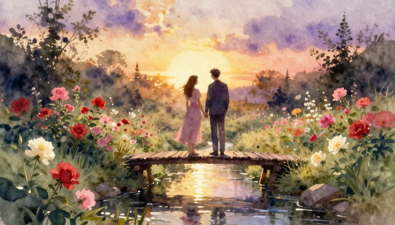 A dreamy and soft watercolor painting capturing a romantic m...