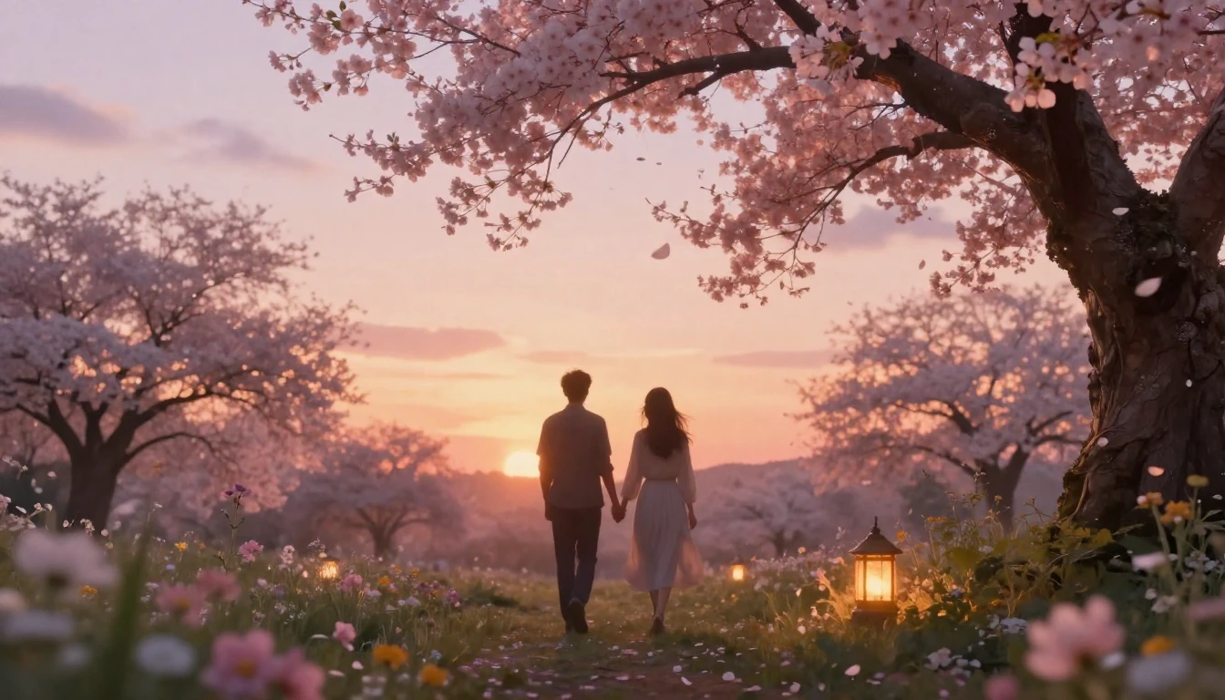 A dreamlike and romantic scene in a blooming garden during t...
