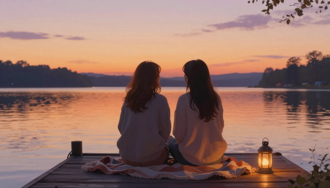 A warm and cozy scene depicting two close friends sitting on...