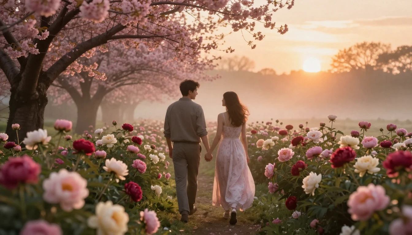 A romantic and ethereal scene featuring a couple holding han...