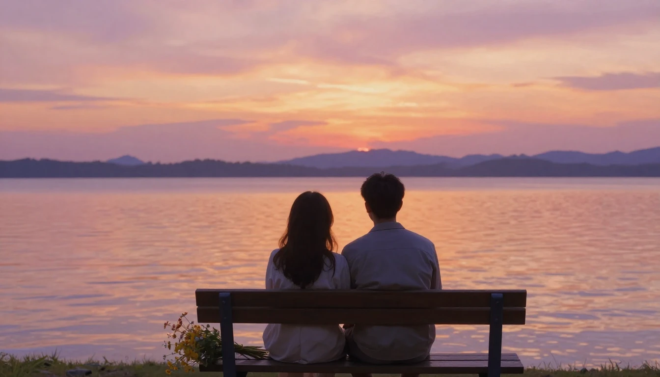A romantic couple sitting closely on a wooden bench overlook...
