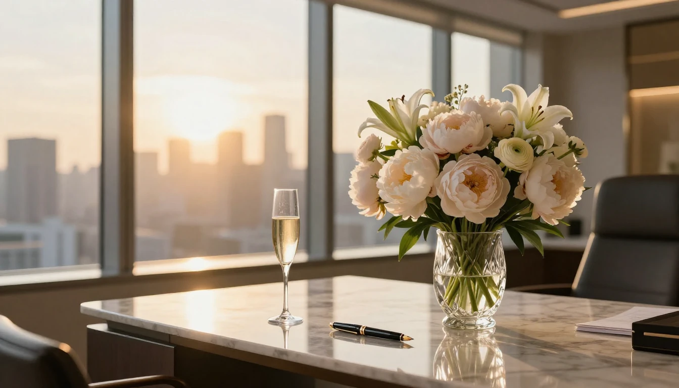 A sophisticated and modern office interior with a panoramic ...