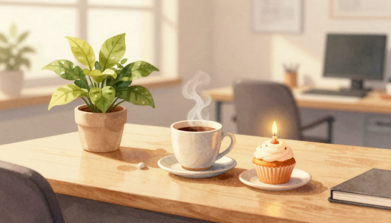 A warm and cozy watercolor illustration of a modern office d...