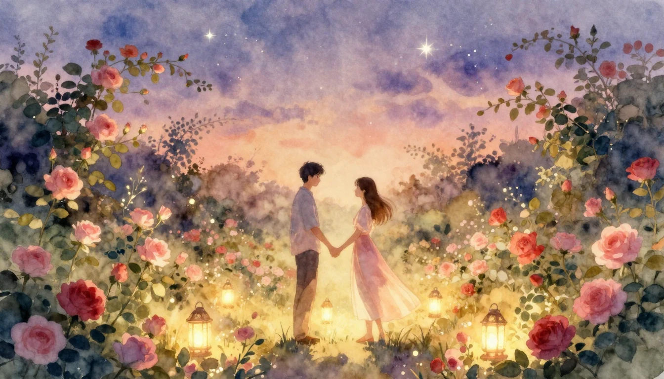 A romantic and ethereal scene of a couple standing in a lush...
