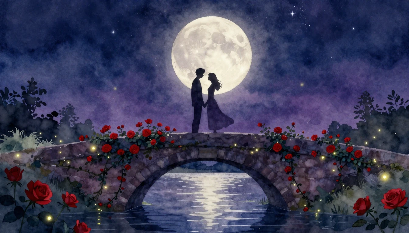 A dreamy and romantic scene depicting two silhouettes standi...