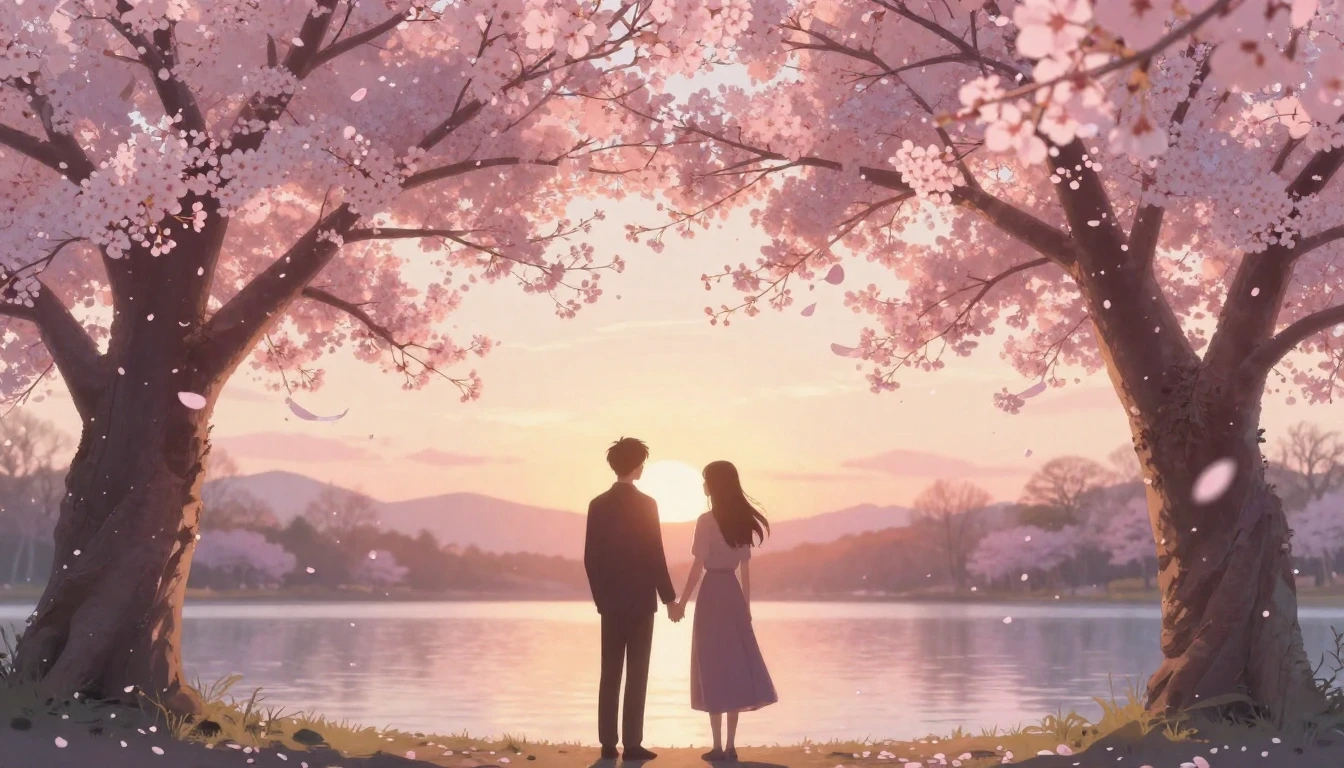 A romantic and dreamlike scene of two silhouettes standing h...