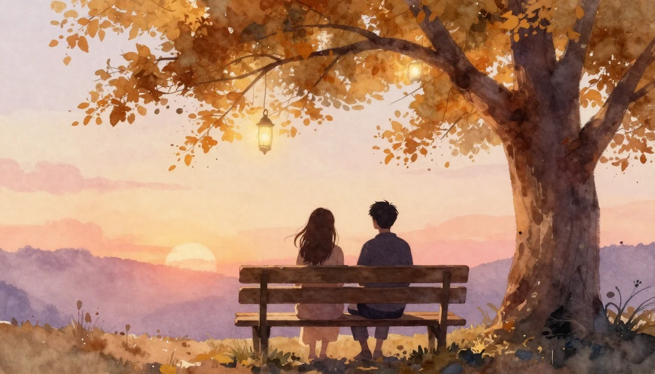 A warm and cozy watercolor illustration depicting two silhou...