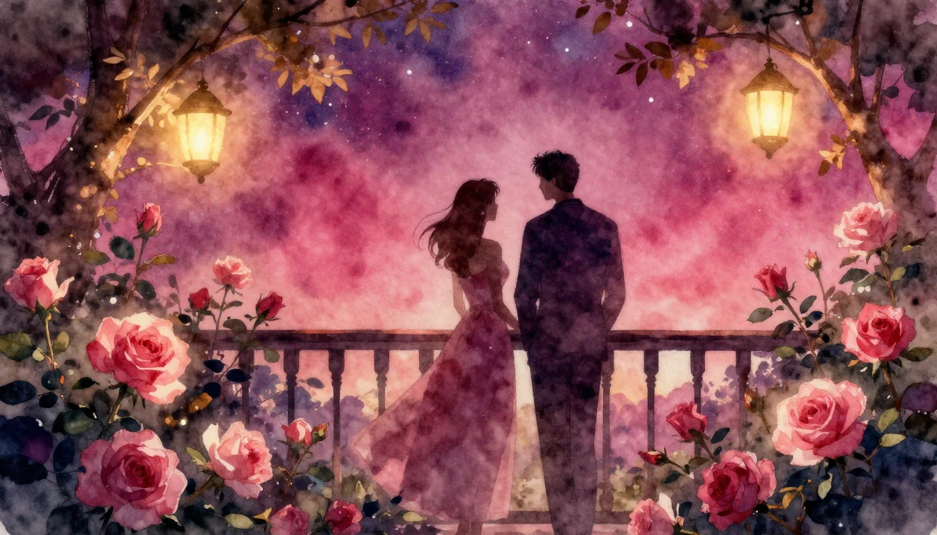 A romantic and ethereal scene featuring two silhouettes of a...