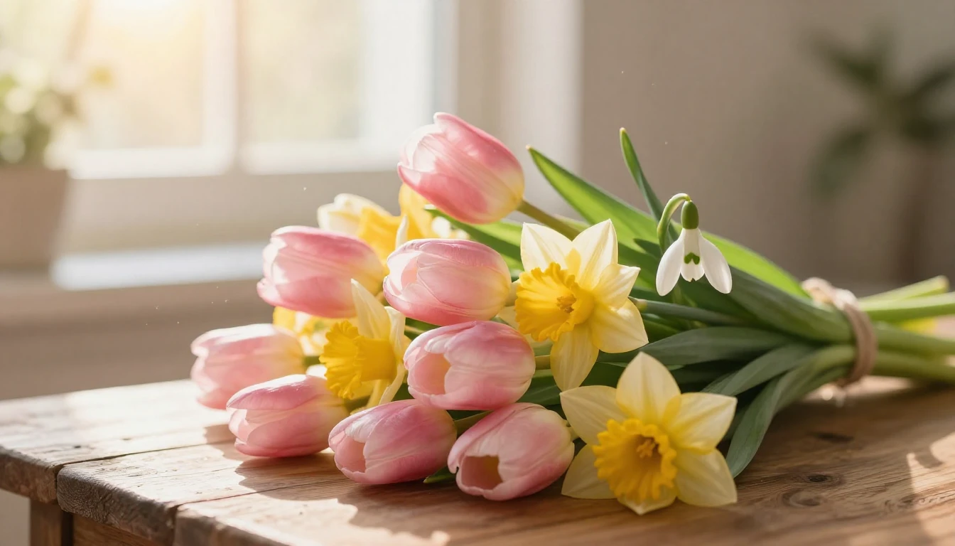 A gentle and heartwarming scene of a beautiful bouquet of vi...