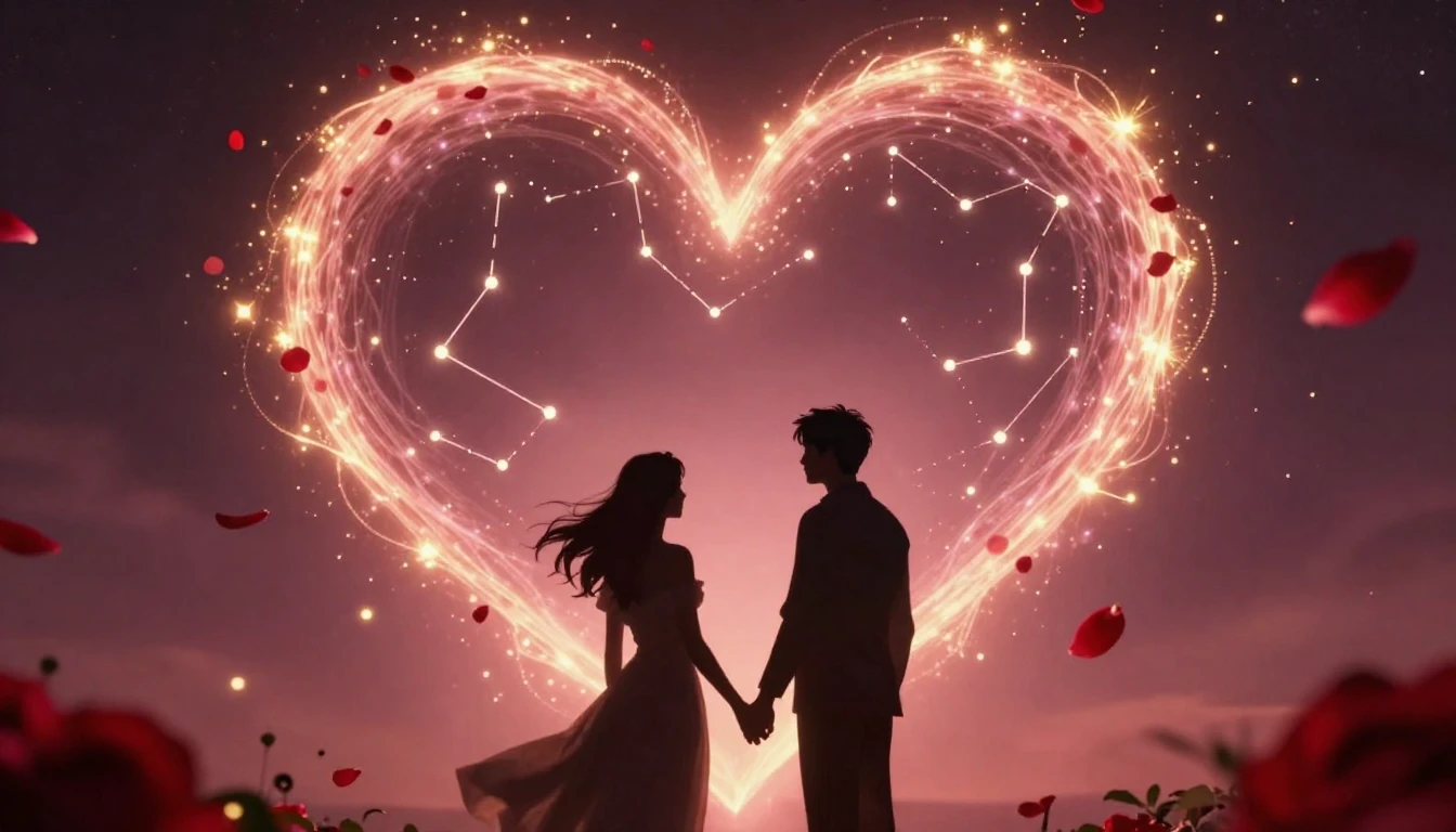 A dreamy and romantic scene featuring two silhouettes of a c...