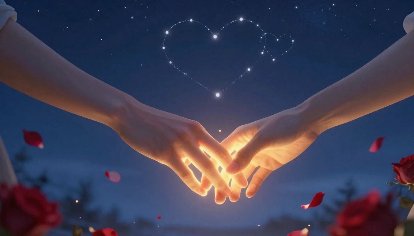A romantic and dreamy scene depicting two intertwined hands ...