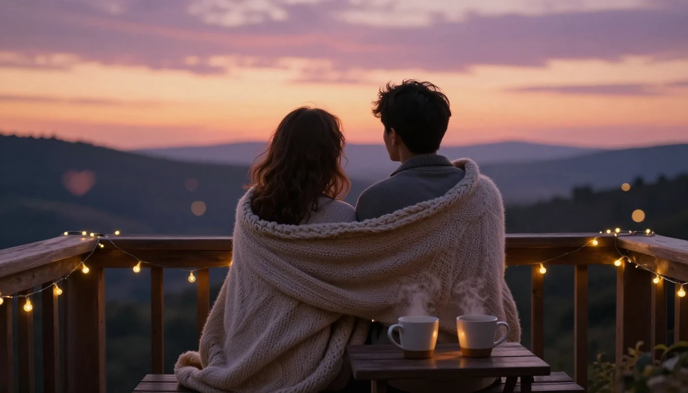 A romantic and cozy scene featuring two people sitting close...