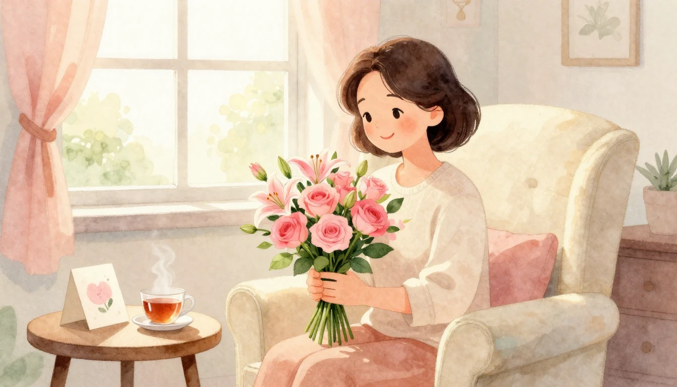 A heartwarming watercolor illustration depicting a cozy, sun...