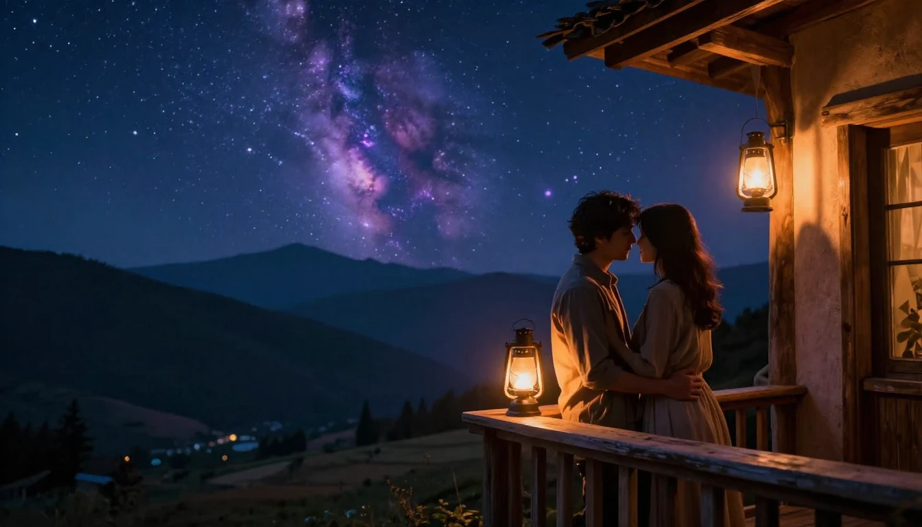 A romantic and intimate scene of a couple standing on a rust...