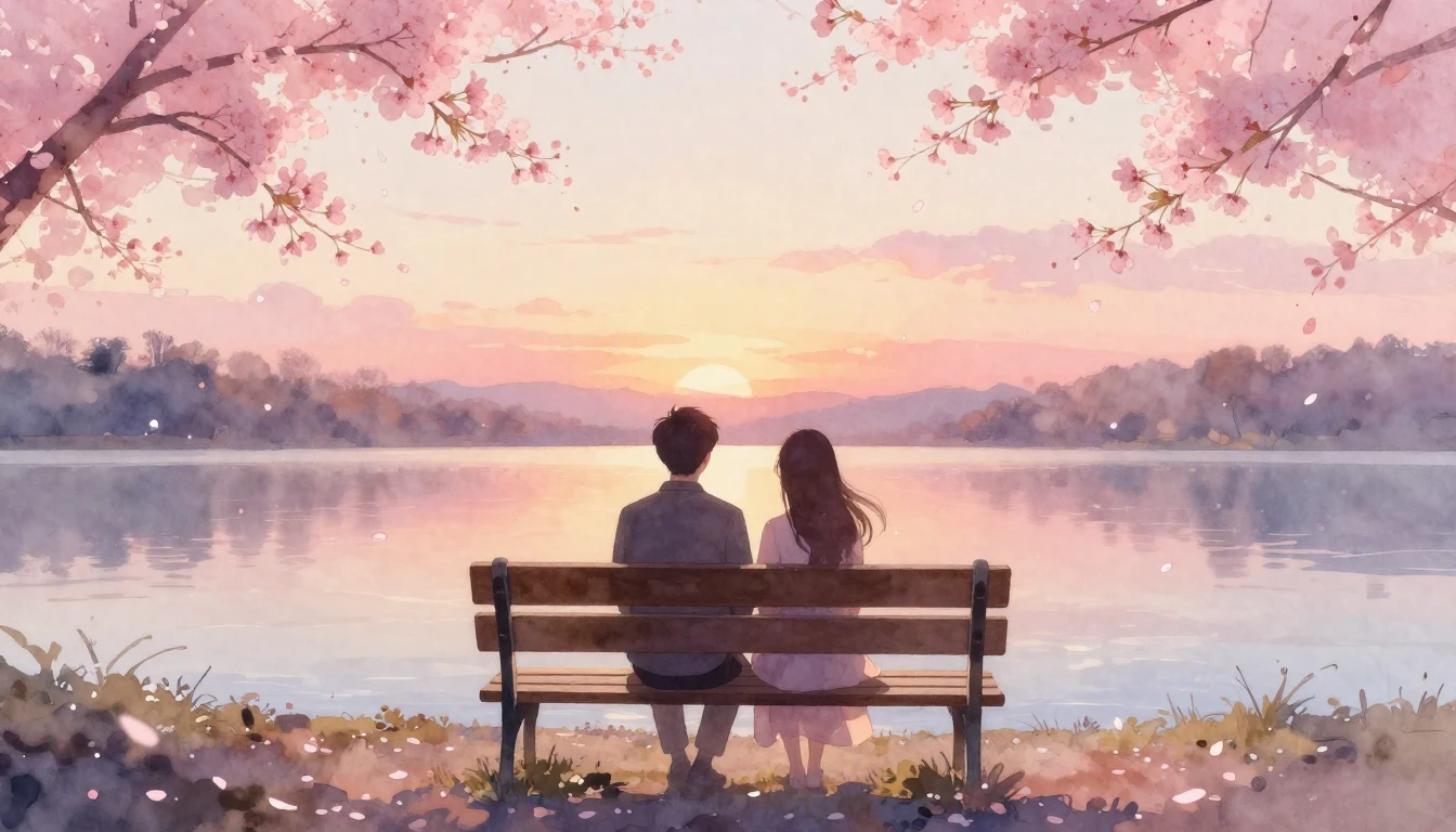 A soft and dreamy watercolor painting depicting a romantic s...