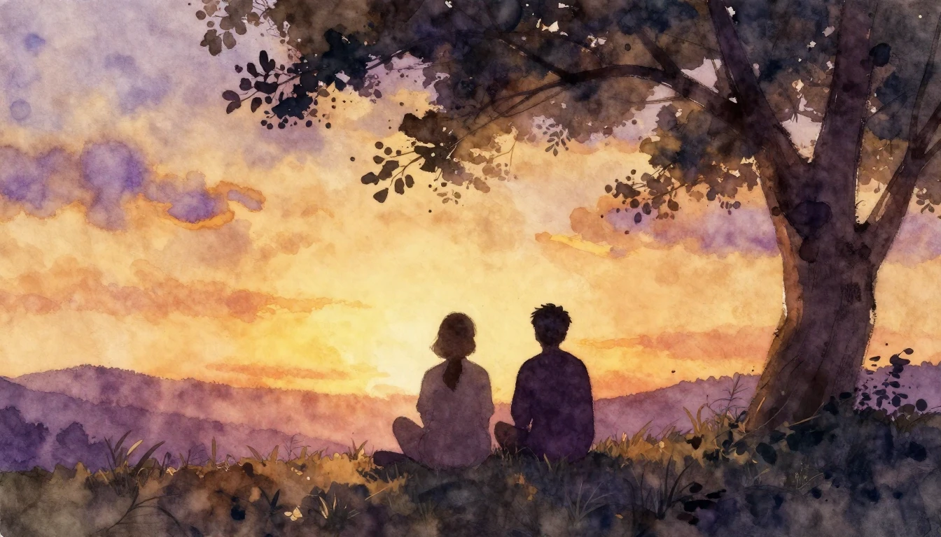 A heartwarming watercolor painting depicting two silhouetted...