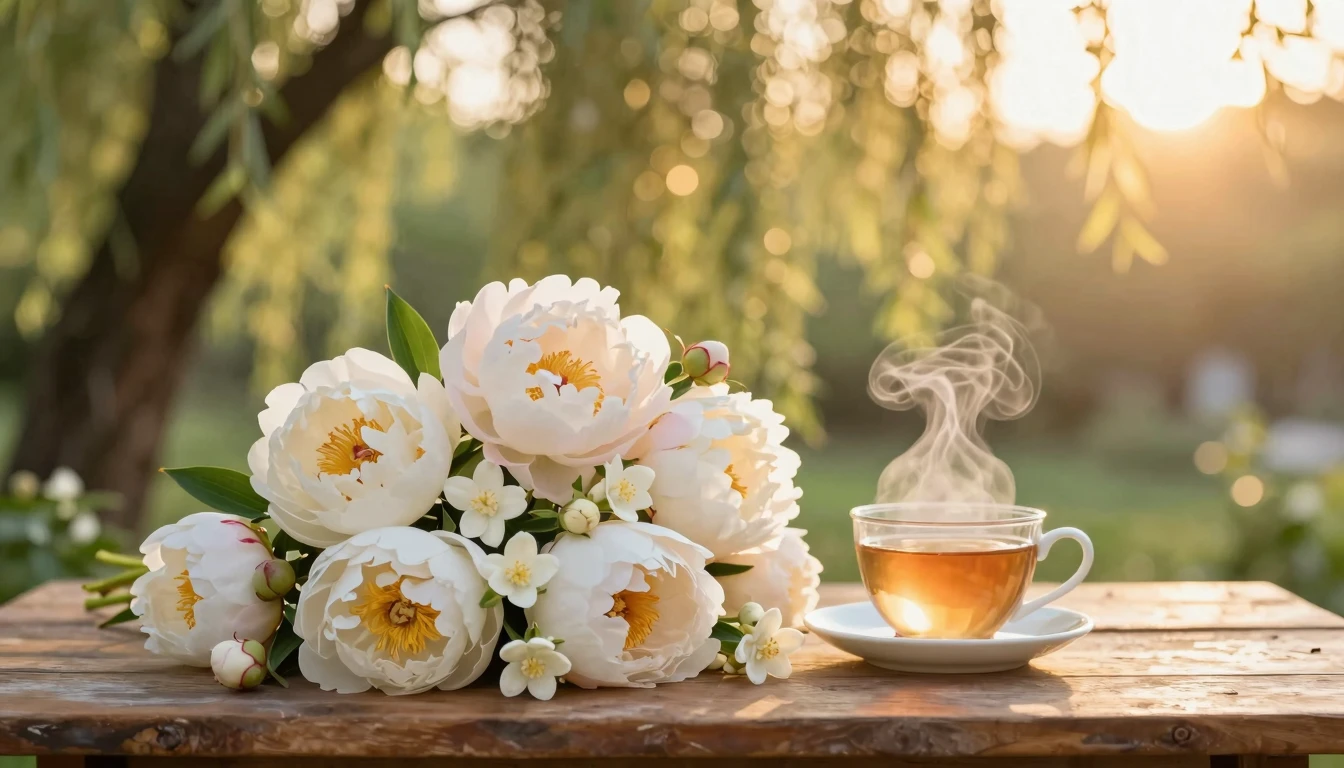 A serene and heartwarming scene in a sun-drenched garden dur...
