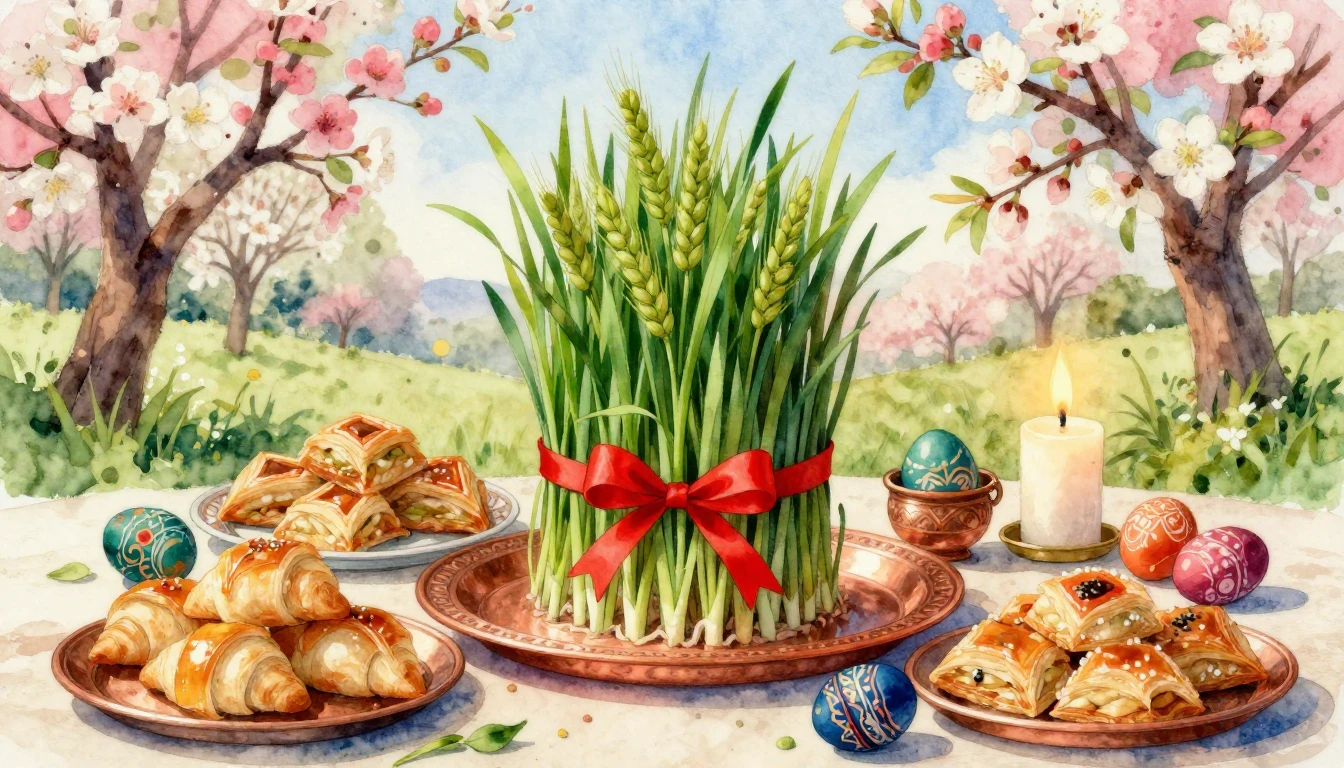 A vibrant watercolor painting depicting a festive Novruz cel...