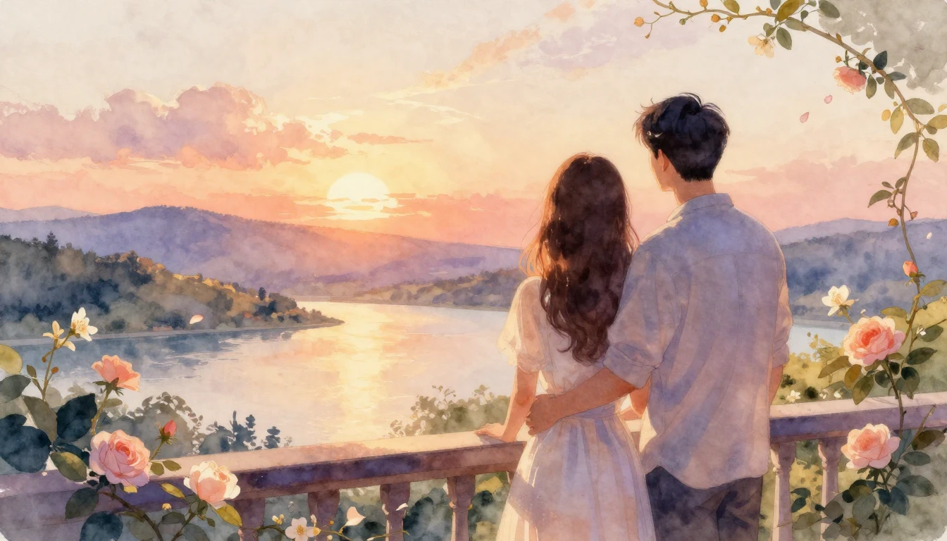 A romantic and atmospheric watercolor painting of a couple s...
