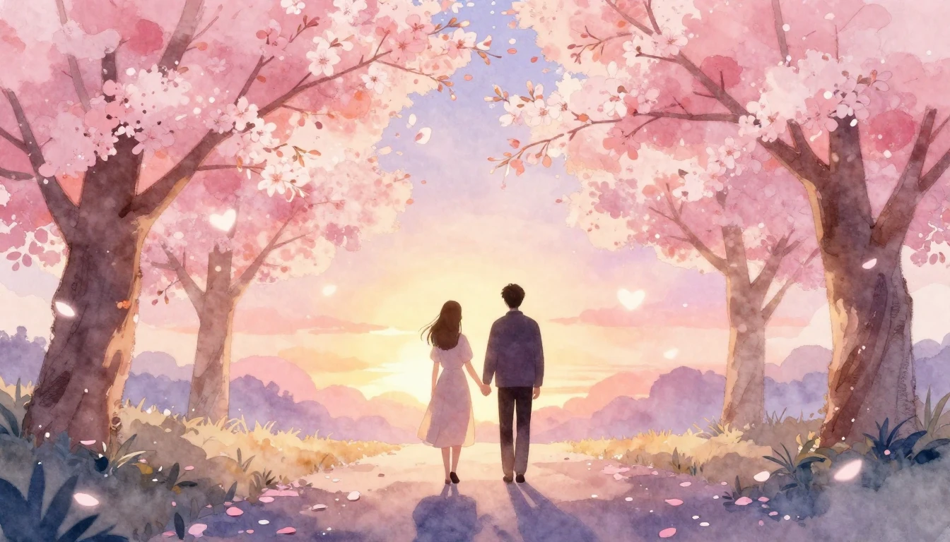 A soft and dreamy watercolor illustration of a couple's silh...