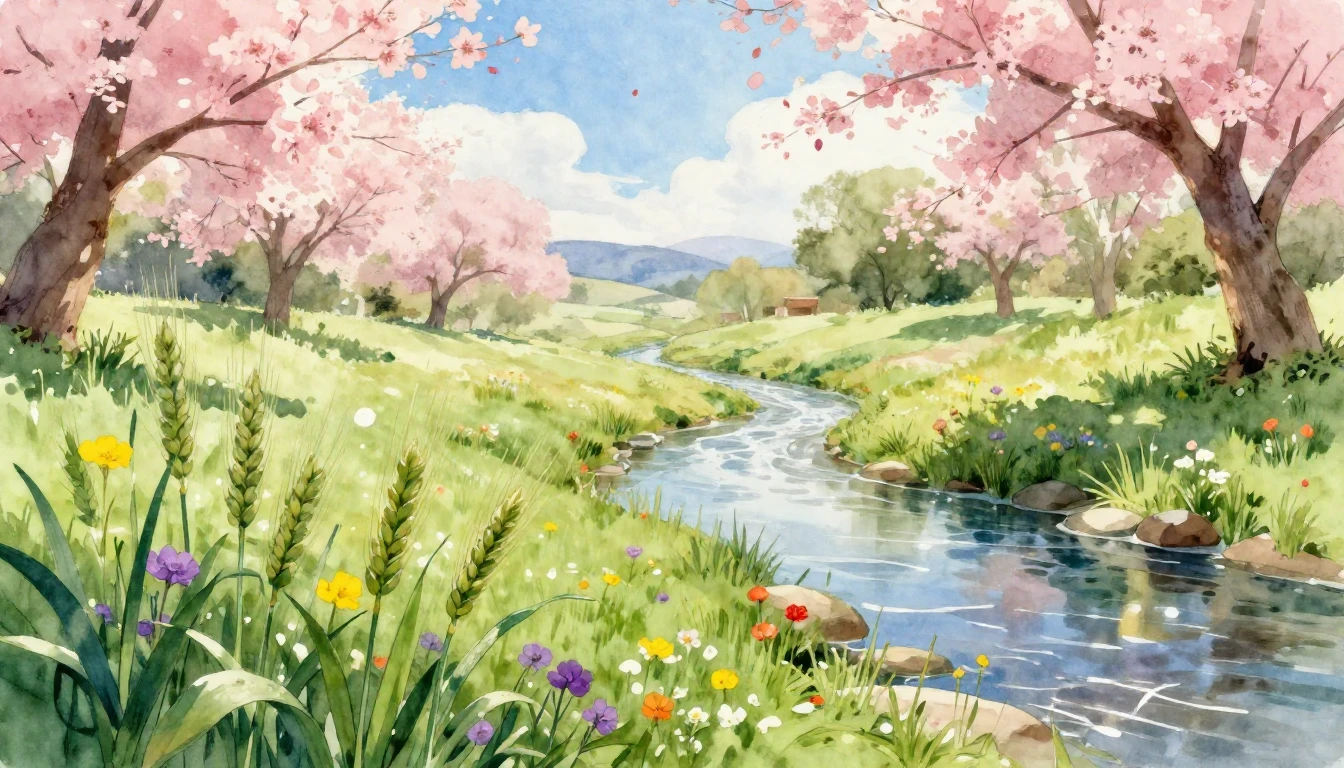 A vibrant and soft watercolor painting depicting a beautiful...