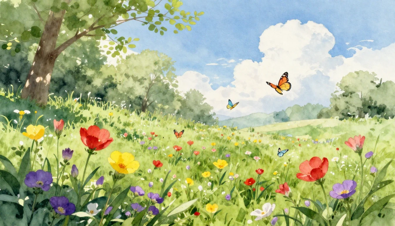 A beautiful spring landscape depicted in a soft watercolor s...