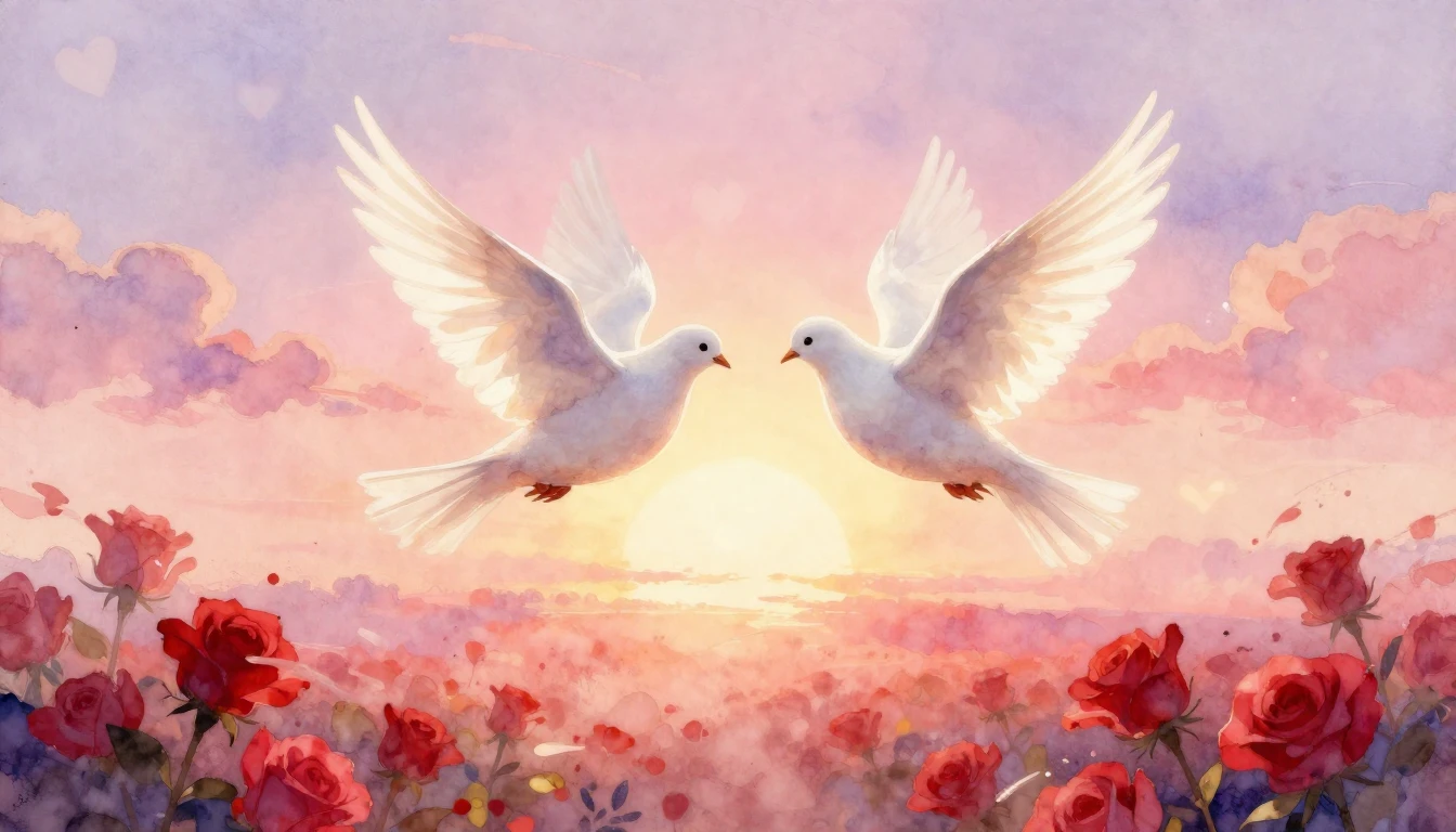 A romantic and dreamy watercolor painting depicting two styl...