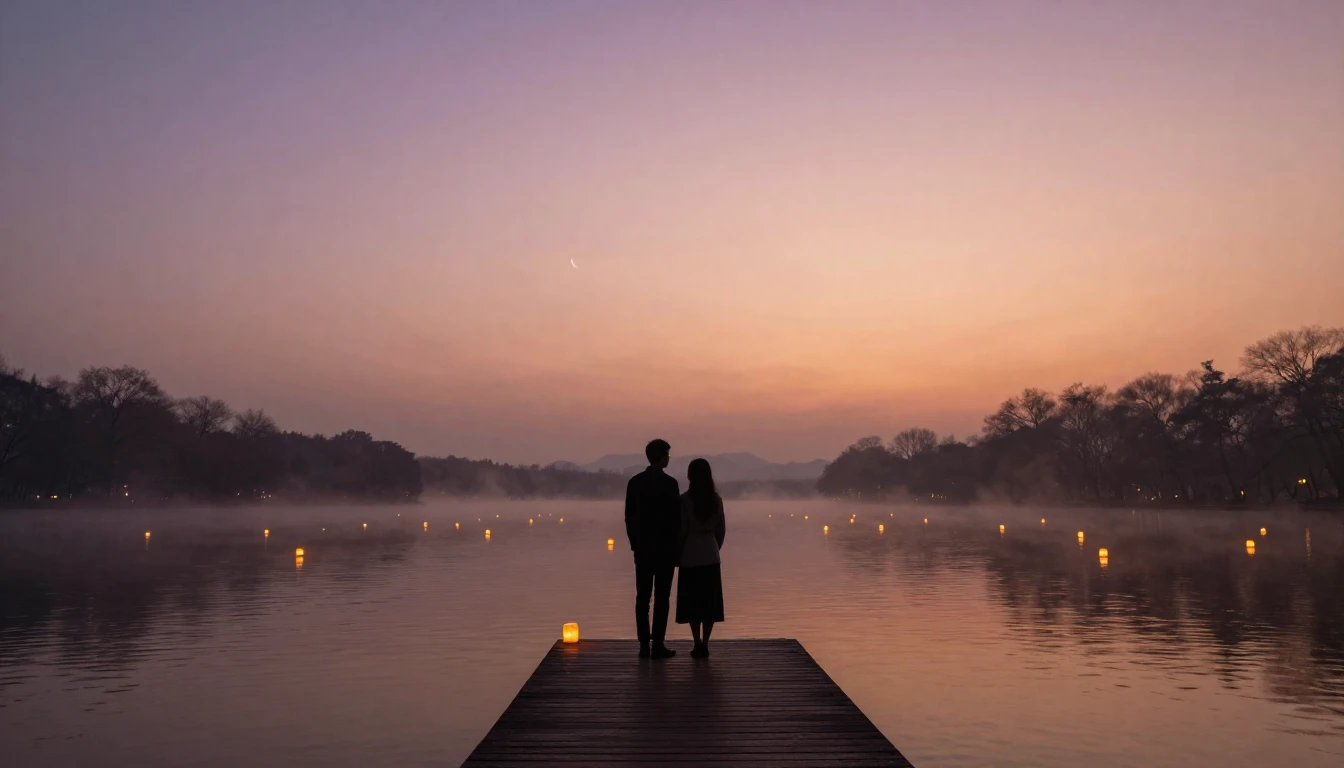 An ethereal and romantic scene featuring two silhouettes sta...
