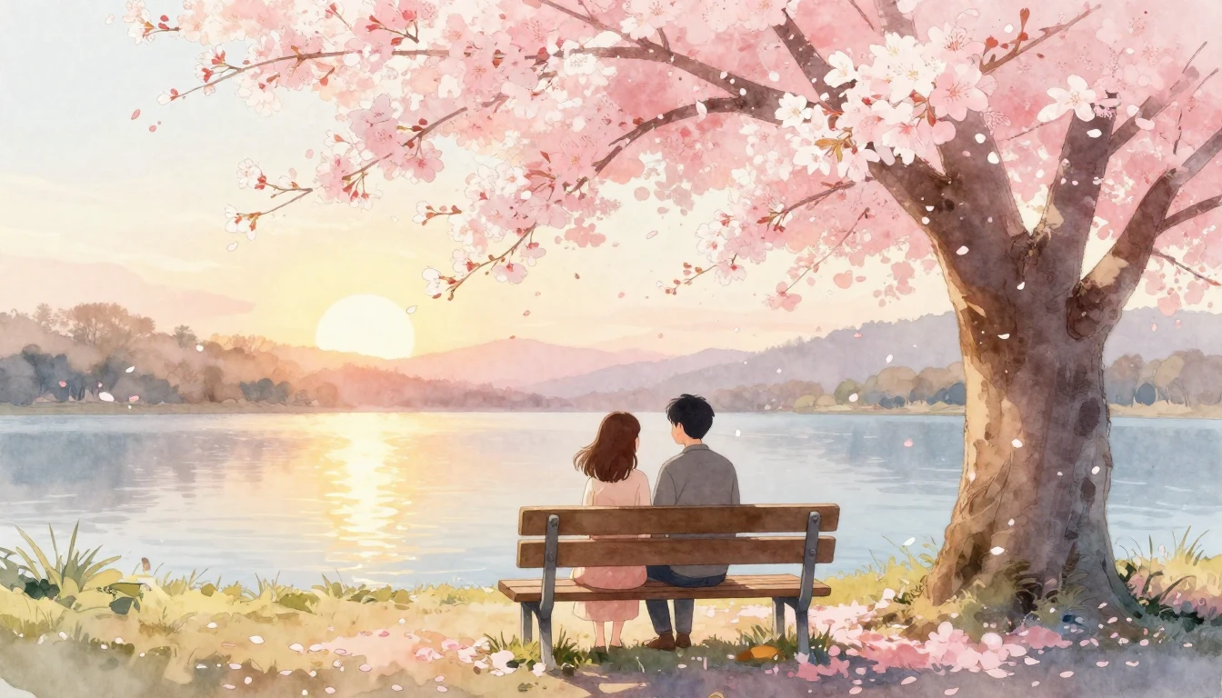 A dreamy and romantic watercolor illustration of a couple si...