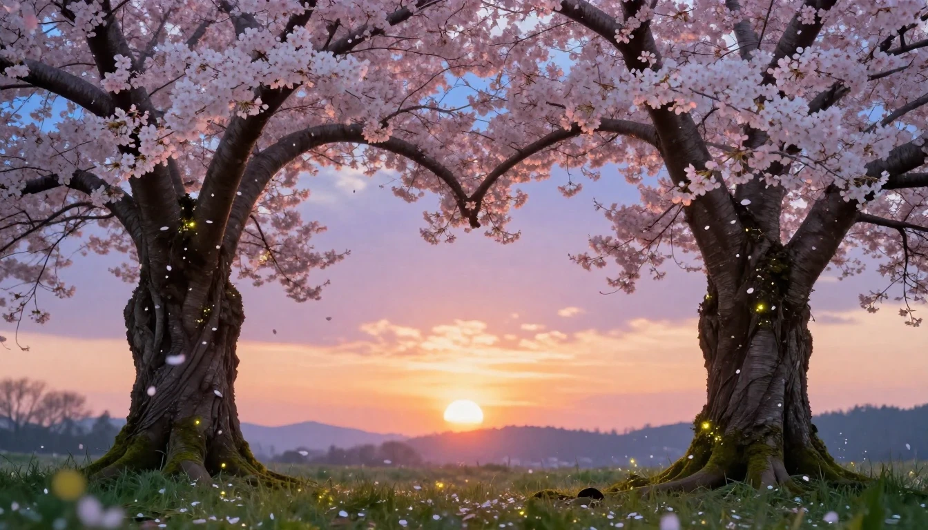A whimsical and romantic scene featuring two ancient cherry ...