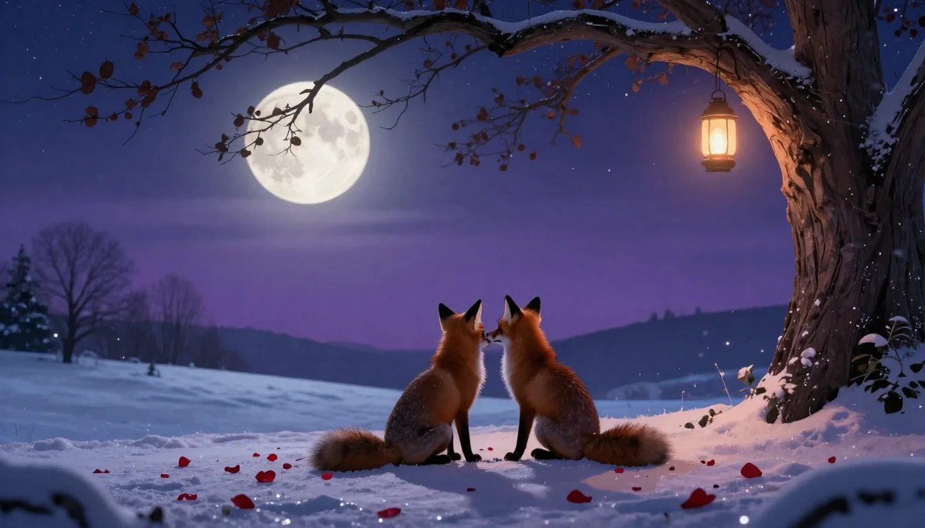 Two silhouetted foxes sitting close together on a snowy hill...