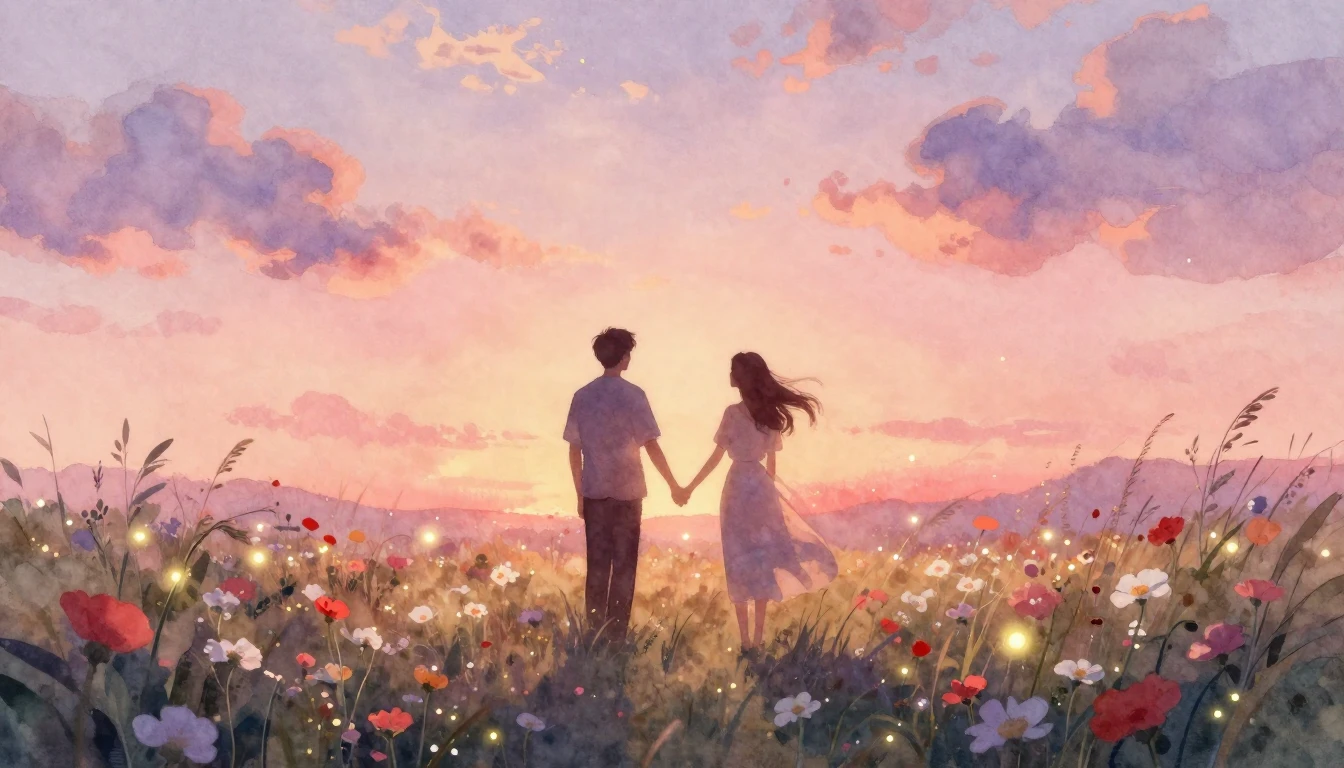 A romantic and ethereal watercolor painting of two silhouett...