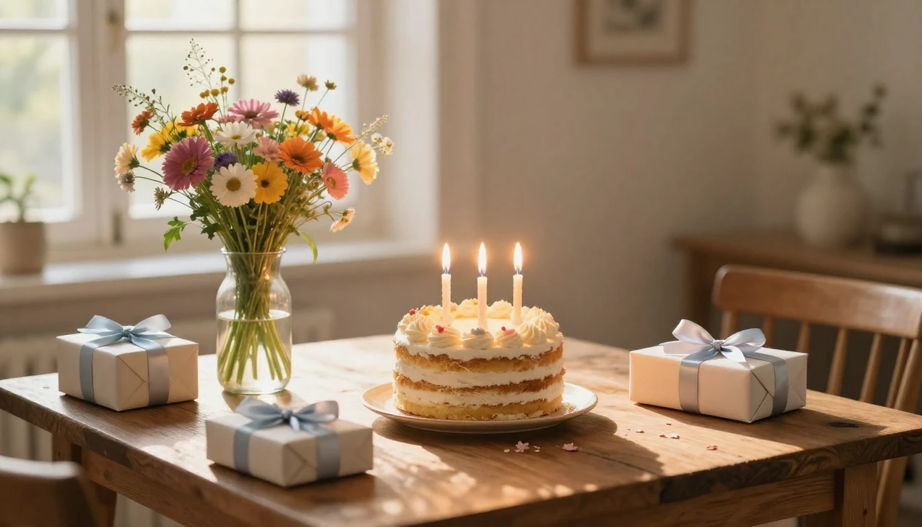 A cozy and warm indoor scene of a small, intimate birthday c...