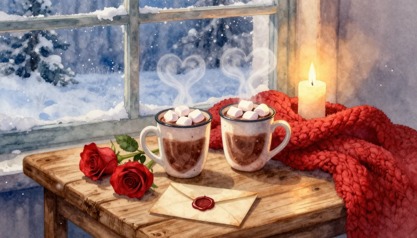 A romantic and cozy watercolor illustration suitable for Val...