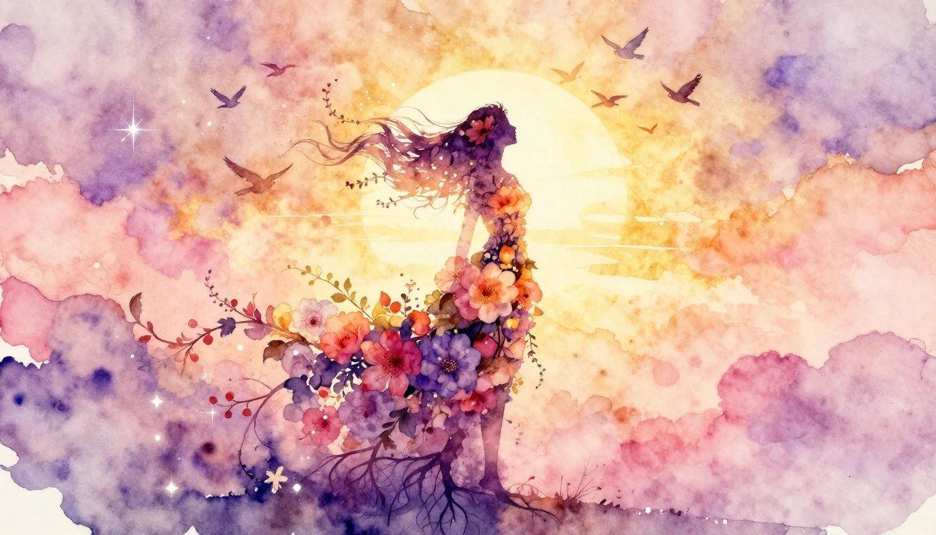 An artistic watercolor painting depicting a stylized silhoue...