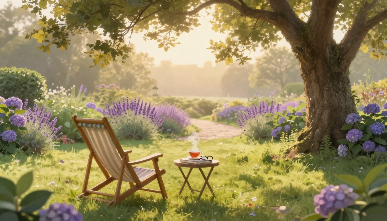 A serene and peaceful garden scene at sunrise, soft golden l...