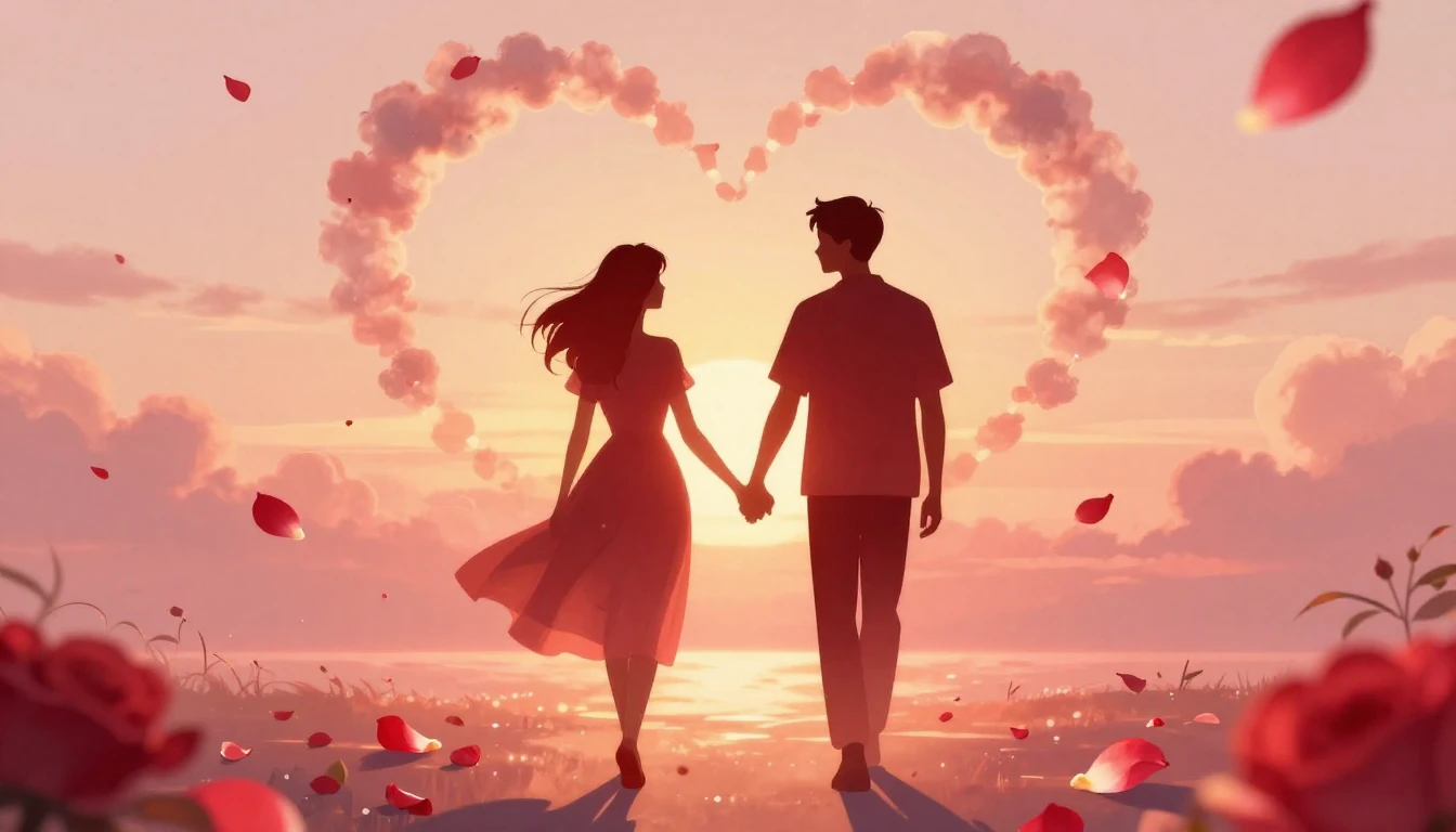 A romantic and dreamy scene featuring two abstract silhouett...