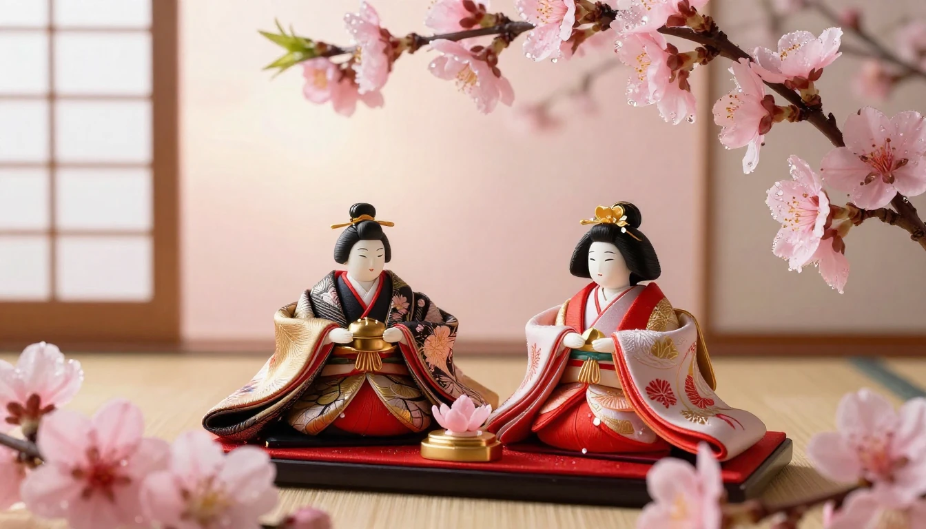 A delicate and serene scene for Hina Matsuri. In the center,...