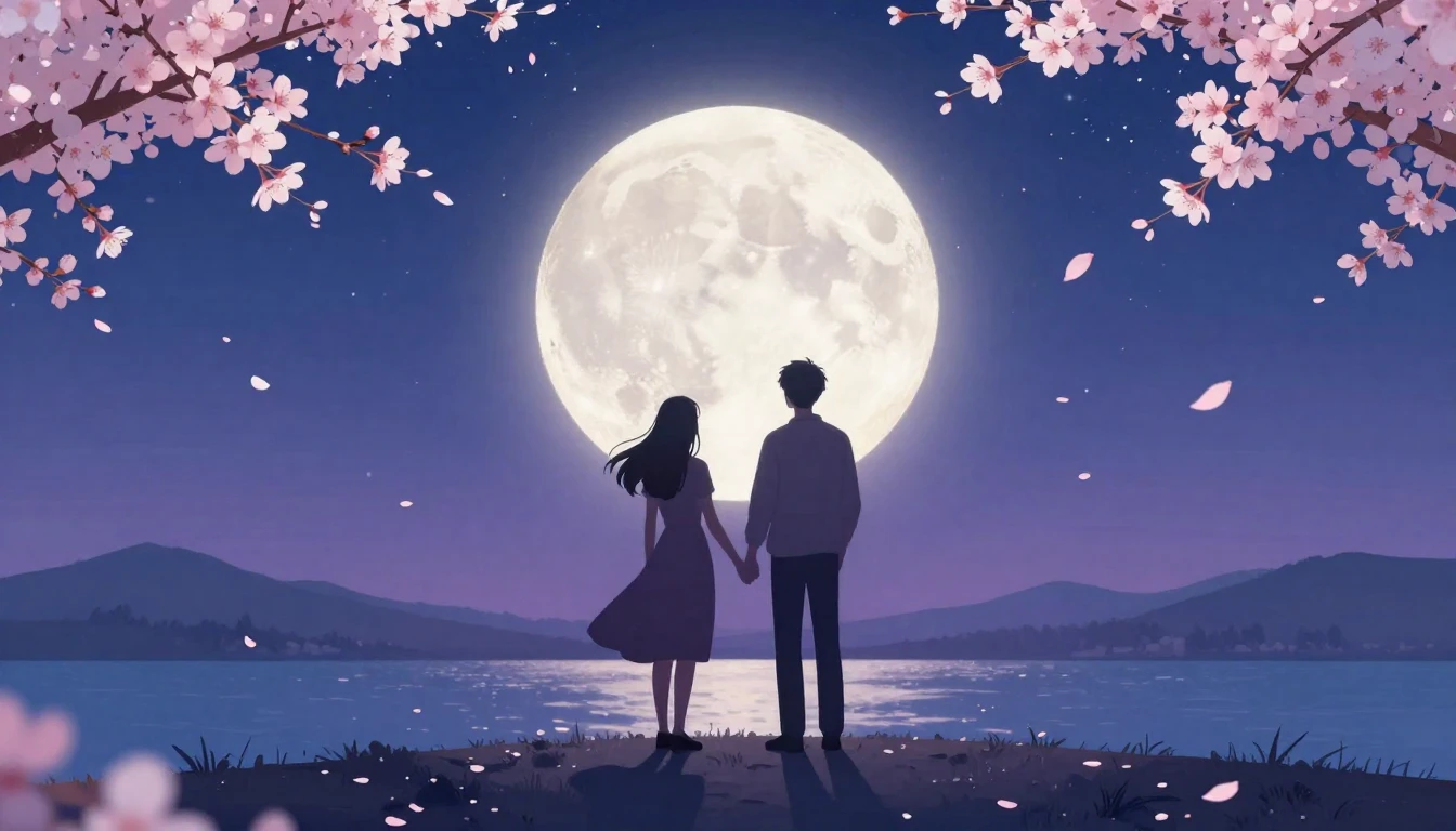 A warm and romantic scene depicting two silhouettes standing...