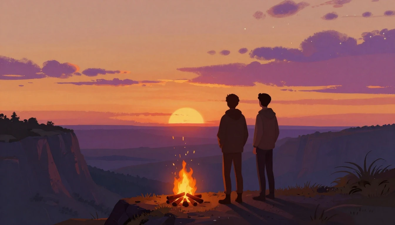 A warm and celebratory digital art illustration. Two silhoue...