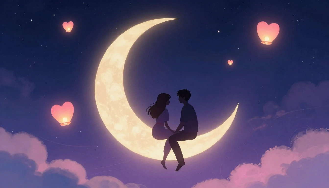 A romantic and dreamy illustration featuring two silhouette ...