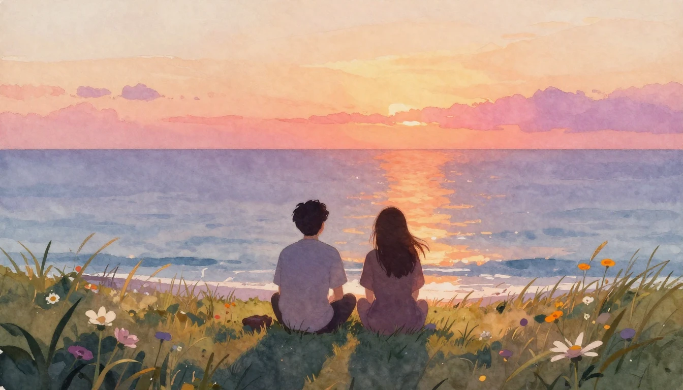 A heartwarming watercolor painting depicting the silhouettes...