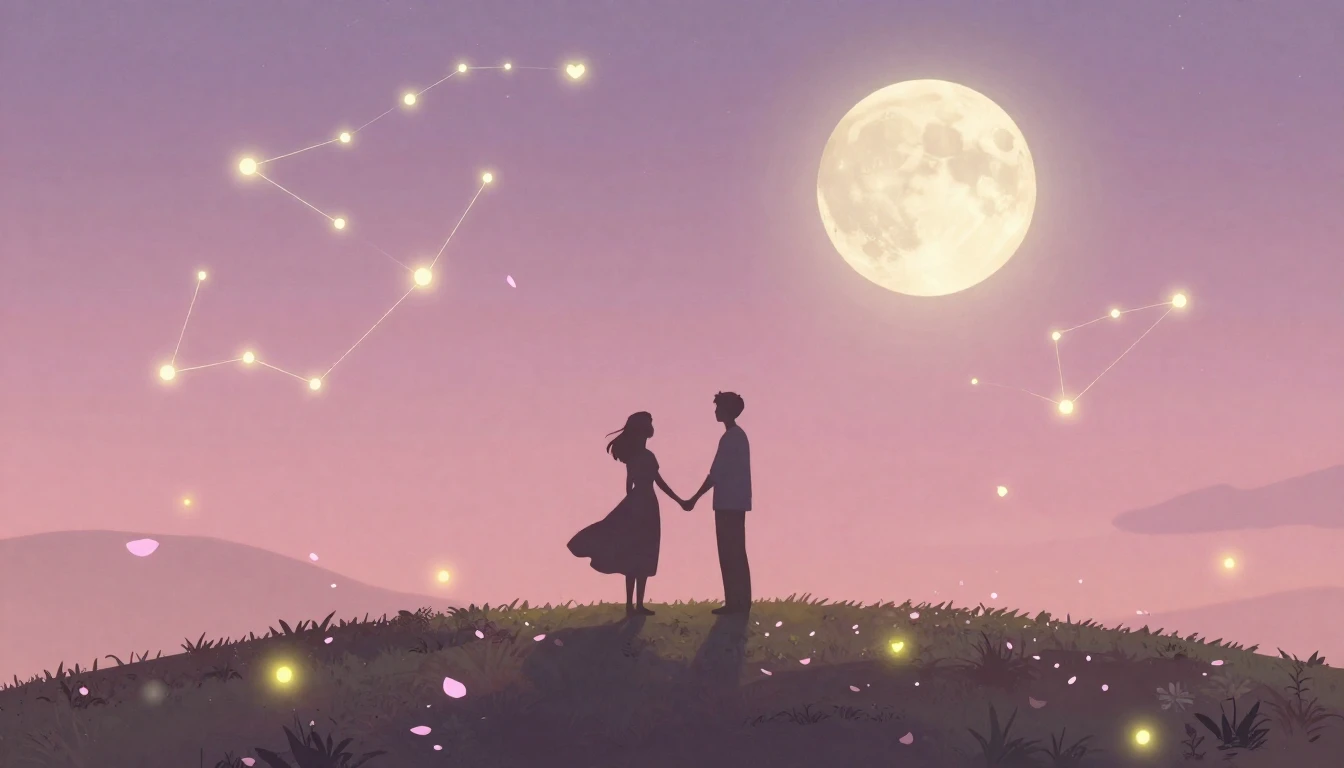 A romantic and ethereal scene depicting two stylized silhoue...