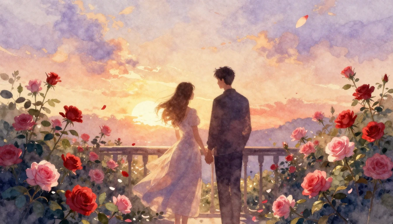 A dreamy and romantic watercolor painting depicting a serene...