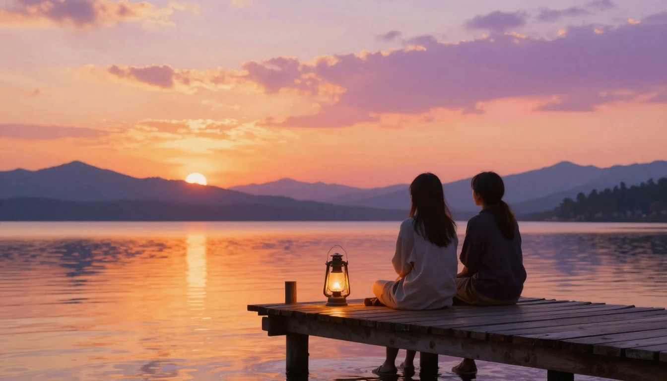 A warm and evocative scene of two friends sitting on a rusti...